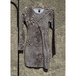 Wild Fable Swirl Print Bodycon Mini Dress Brown White Long‎ Sleeve Sz XS
